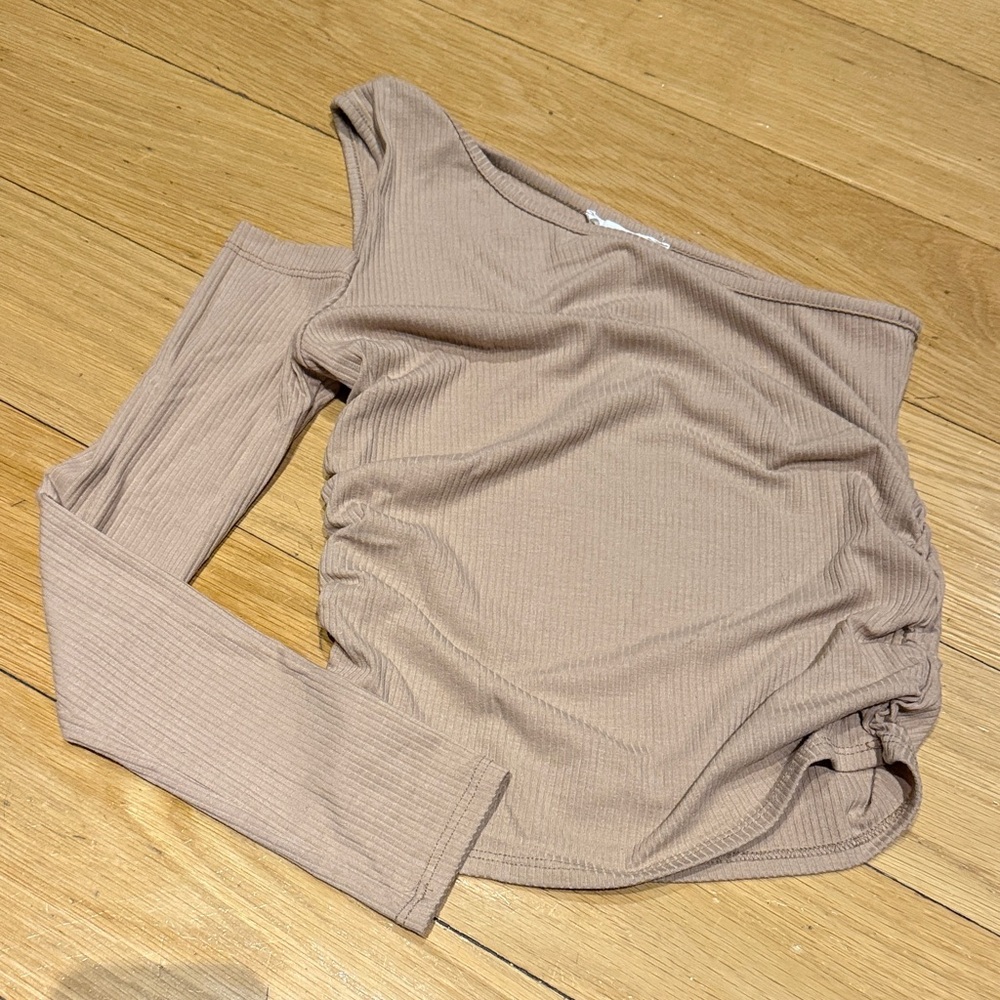 Caution To The Wind One-Shoulder Ribbed Beige Top